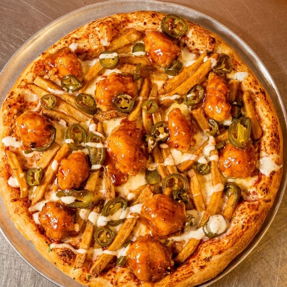 Pizza topped with crispy chicken, french fries, sliced jalapeños, and white sauce on a metal tray.