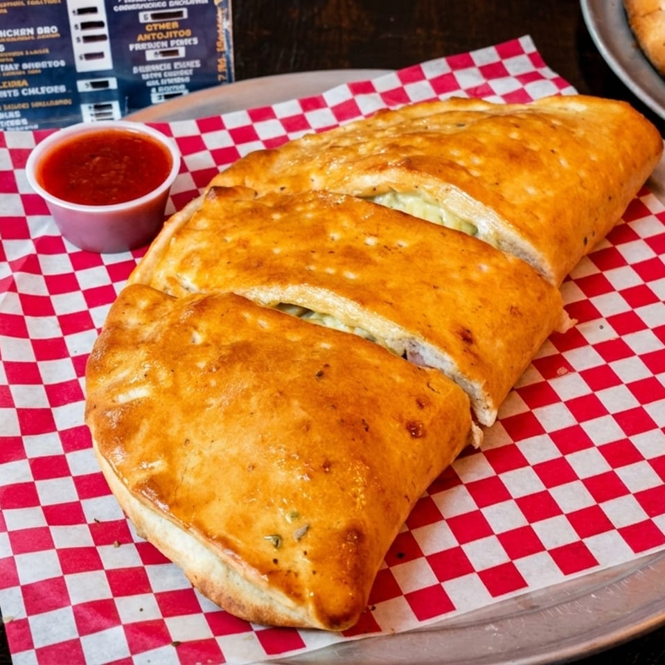A sliced calzone with a side of marinara sauce on red and white checkered paper.