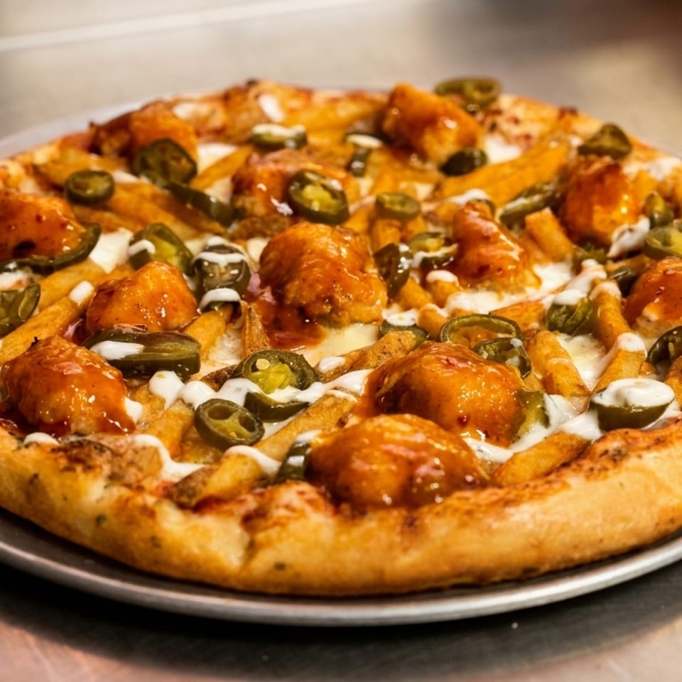 A pizza topped with crispy fries, boneless chicken wings, sliced jalapeños, and white sauce.