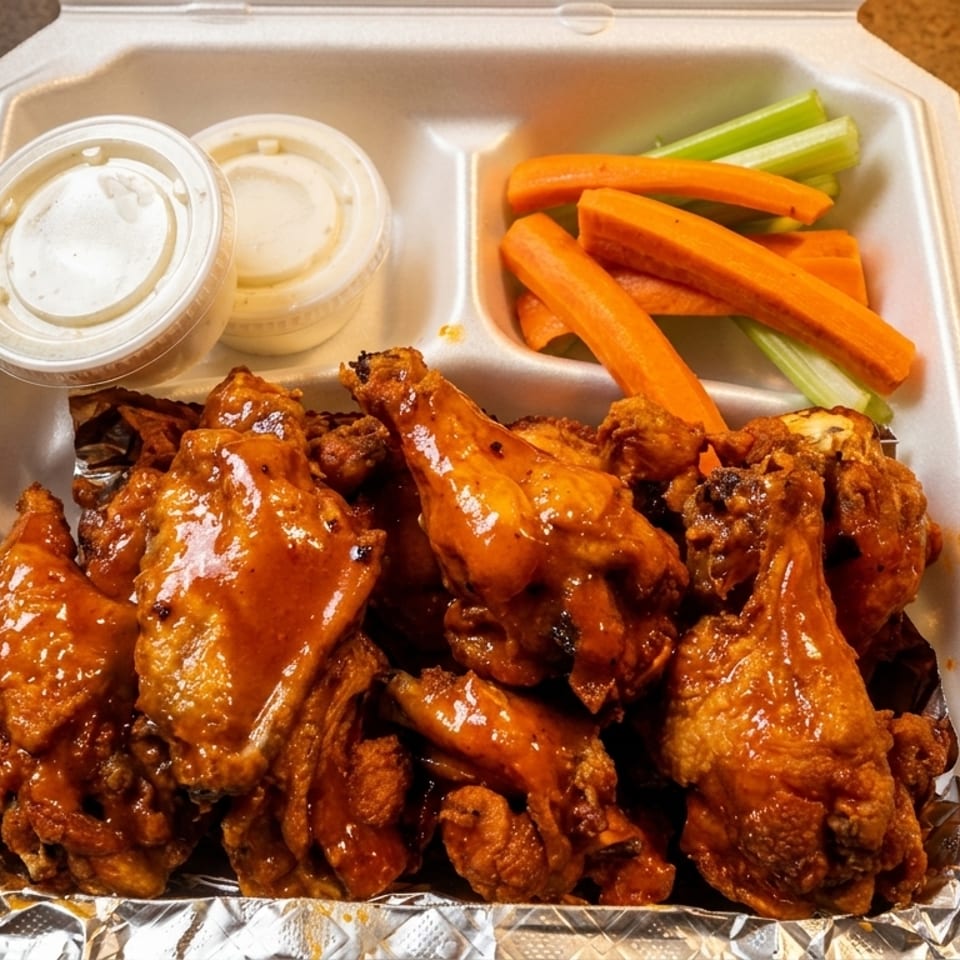 Takeout container filled with saucy chicken wings, celery, carrots, and two dipping sauces.
