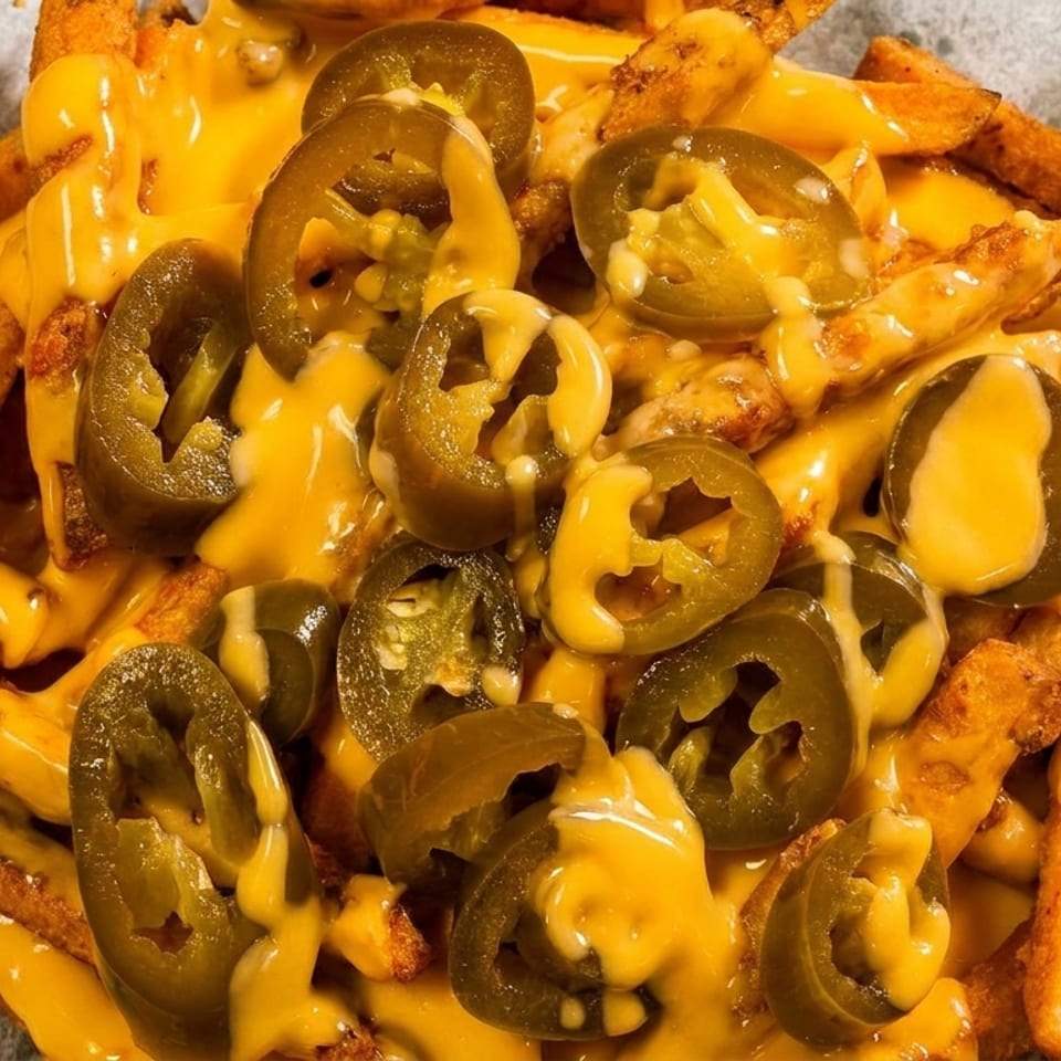 Golden french fries generously covered in melted cheese and sliced jalapeños on a paper-lined tray.