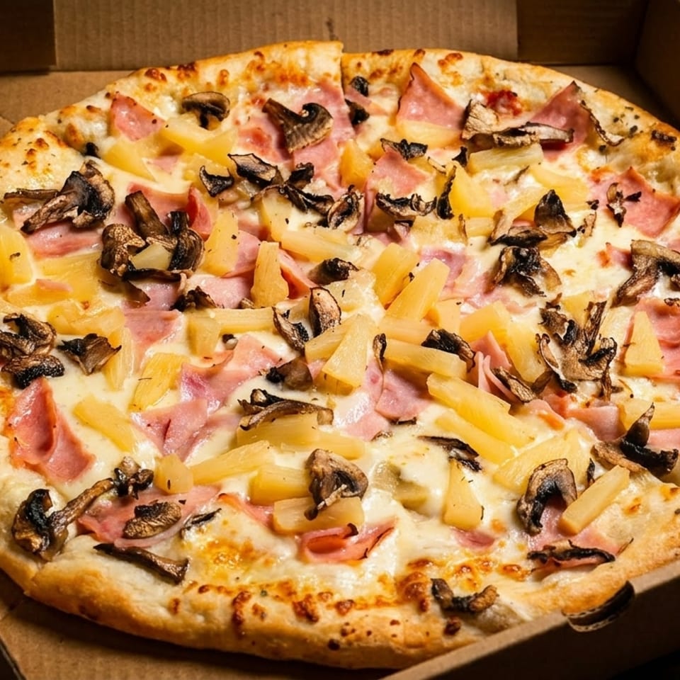 A whole pizza with ham, pineapple, and mushrooms in a cardboard delivery box.