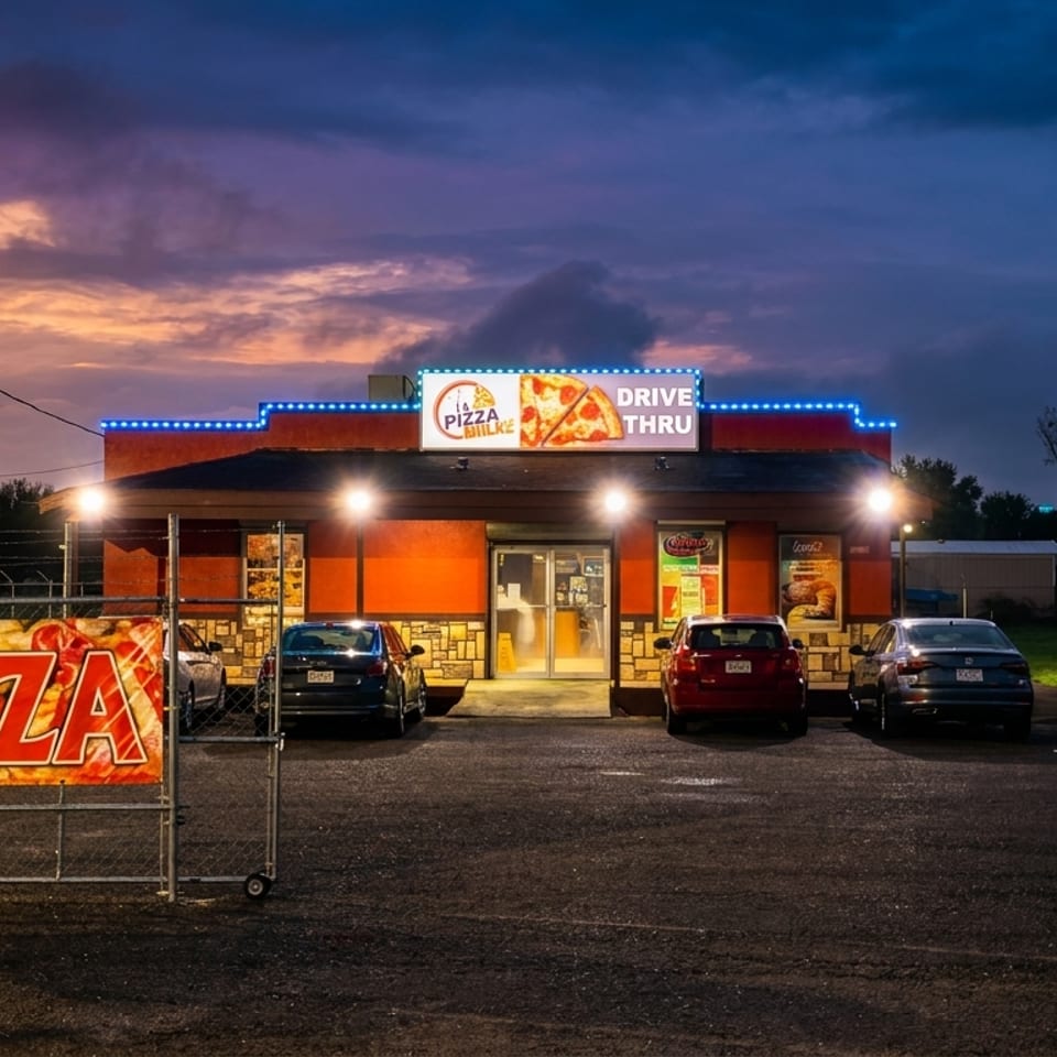 A Pizza Milke drive-thru restaurant at dusk with a "Fresh Pizza" banner on a fence.