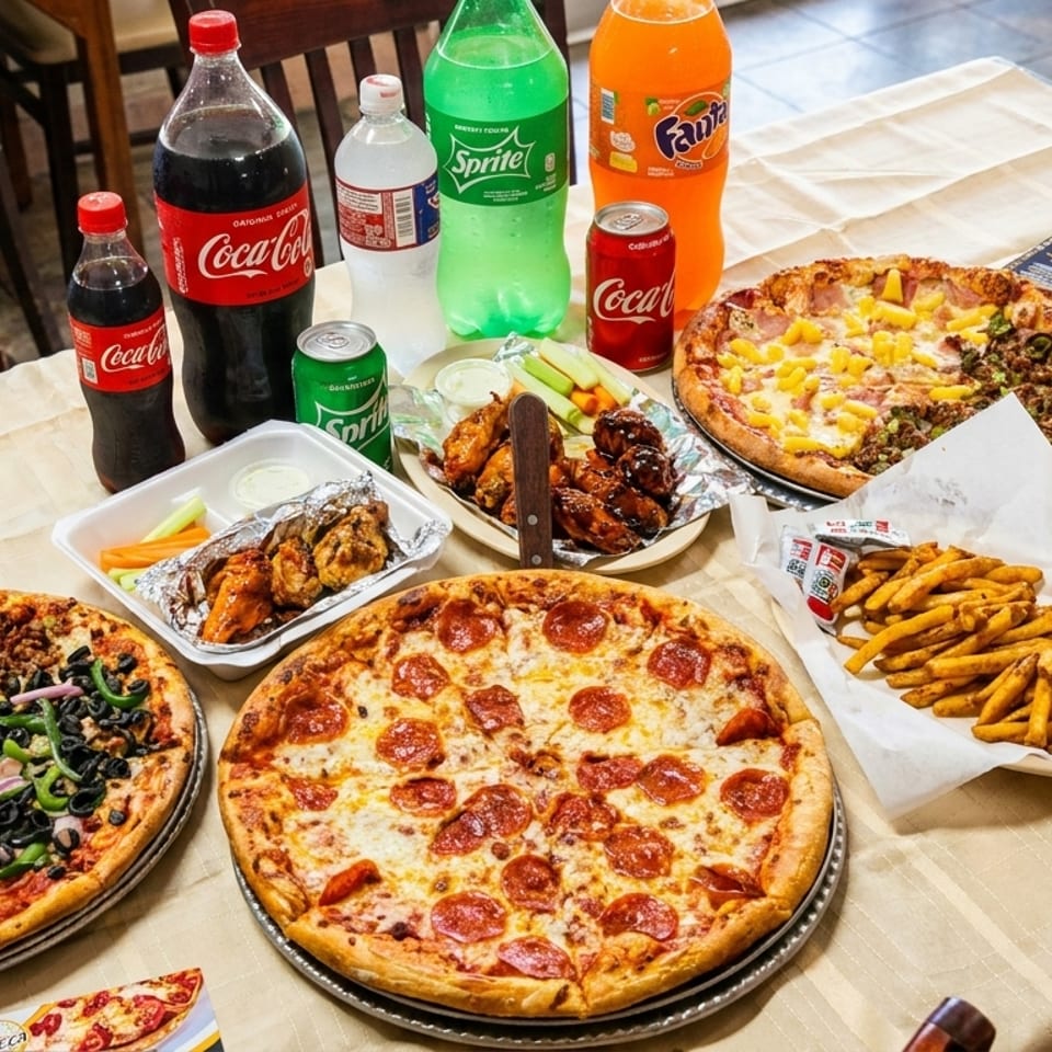 A table laden with three pizzas, chicken wings, french fries, and various soda bottles.