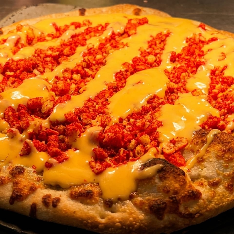 A whole pizza topped with melted cheese and bright red, crumbled spicy chips.