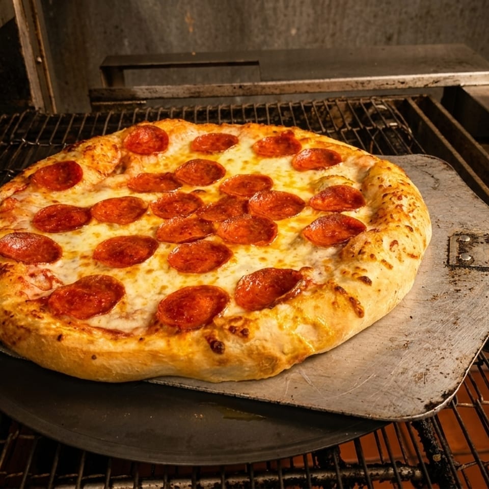 A freshly baked pepperoni pizza on a metal peel, ready to be removed from a pizza oven.